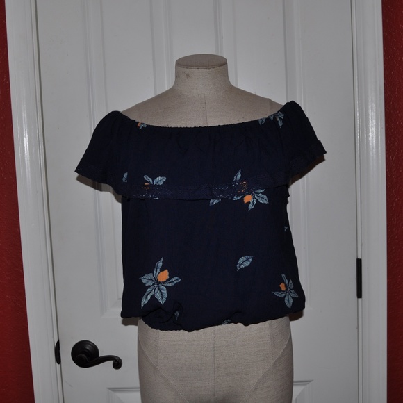 NEW Navy Floral Off-Shoulder Ruffle Tank Top XL - Picture 3 of 7